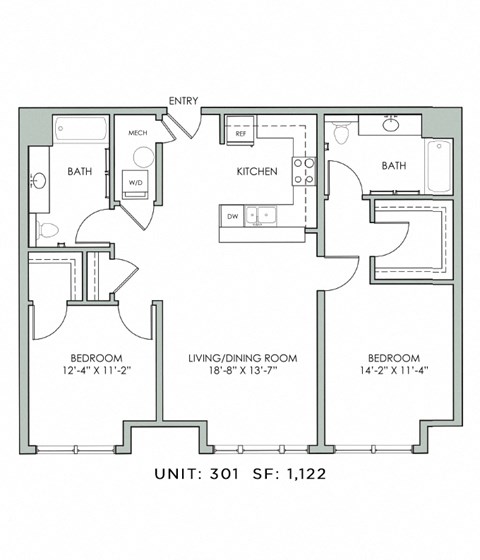 Floor plan for 2 beds, 2 baths, 1122 sqft