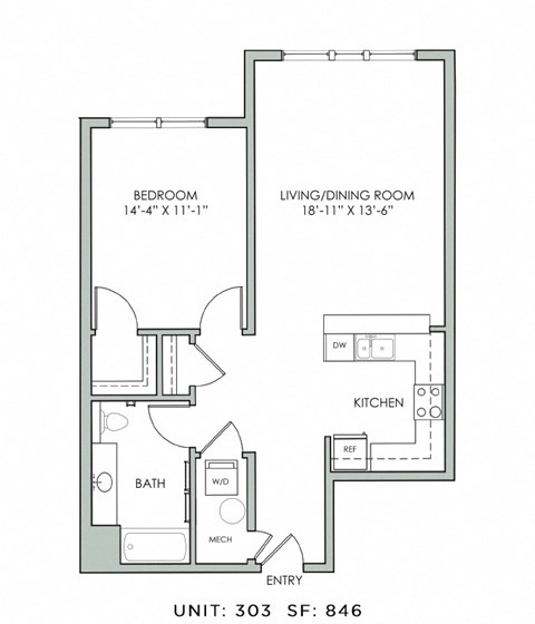 Floor plan for 1 bed, 1 bath, 846 sqft