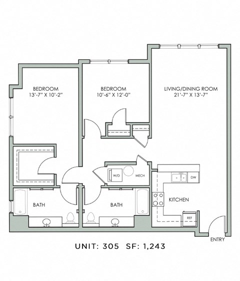 Floor plan for 2 beds, 2 baths, 1243 sqft