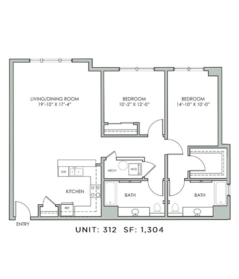 Floor plan for 2 beds, 2 baths, 1304 sqft