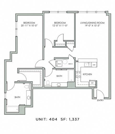 Floor plan for 2 beds, 2 baths, 1337 sqft