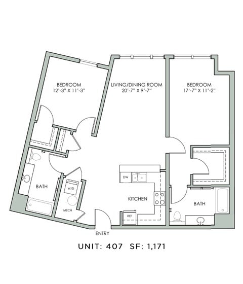 Floor plan for 2 beds, 2 baths, 1171 sqft