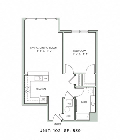 Floor plan for 1 bed, 1 bath, 839 sqft