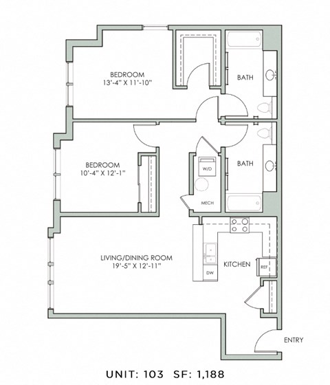 Floor plan for 2 beds, 2 baths, 1188 sqft