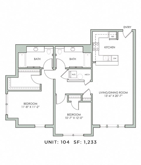 Floor plan for 2 beds, 2 baths, 1233 sqft