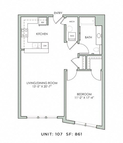 Floor plan for 1 bed, 1 bath, 861 sqft