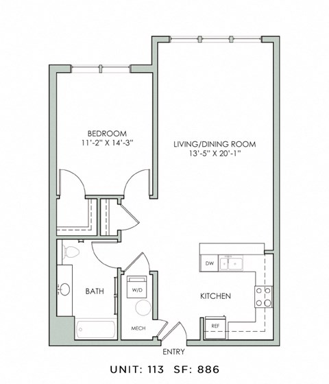 Floor plan for 1 bed, 1 bath, 886 sqft