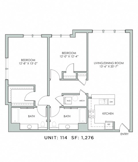 Floor plan for 2 beds, 2 baths, 1276 sqft