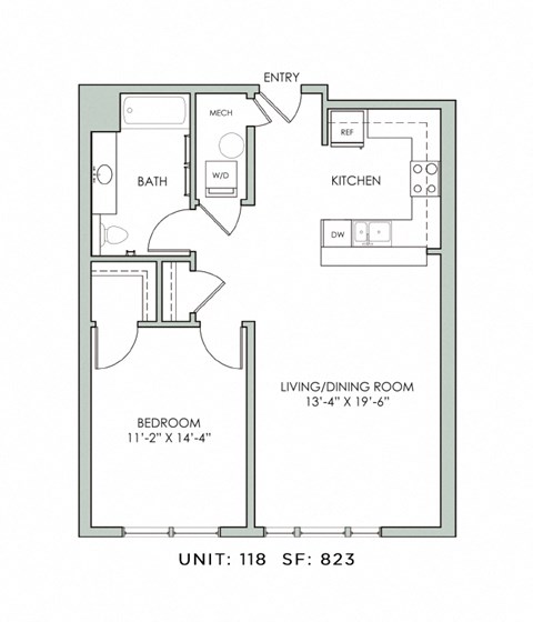Floor plan for 1 bed, 1 bath, 823 sqft