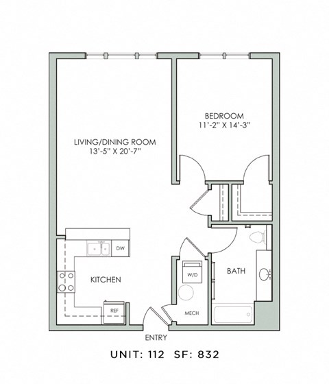 Floor plan for 1 bed, 1 bath, 832 sqft