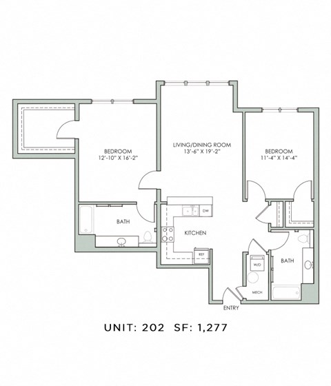 Floor plan for 2 beds, 2 baths, 1277 sqft