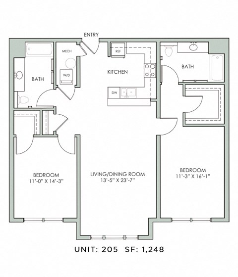 Floor plan for 2 beds, 2 baths, 1248 sqft