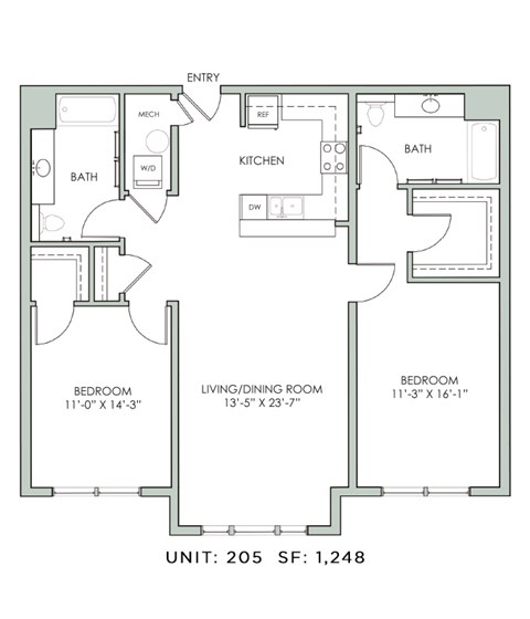 Floor plan for 2 beds, 2 baths, 1248 sqft