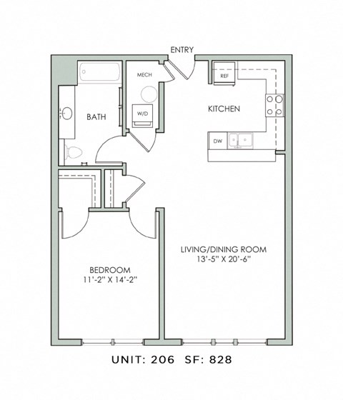 Floor plan for 1 bed, 1 bath, 828 sqft