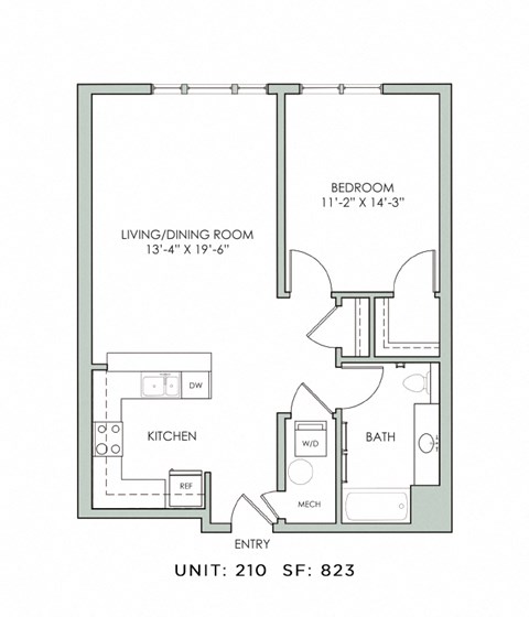 Floor plan for 1 bed, 1 bath, 823 sqft