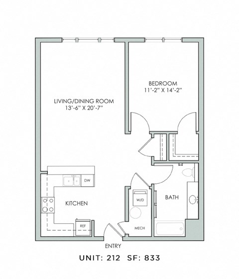 Floor plan for 1 bed, 1 bath, 833 sqft