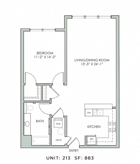 Floor plan for 1 bed, 1 bath, 883 sqft
