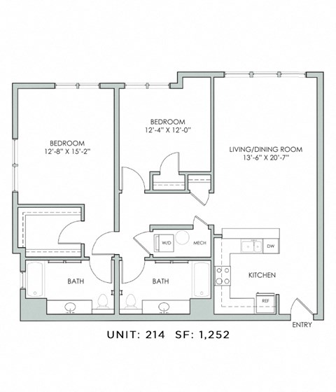 Floor plan for 2 beds, 2 baths, 1252 sqft