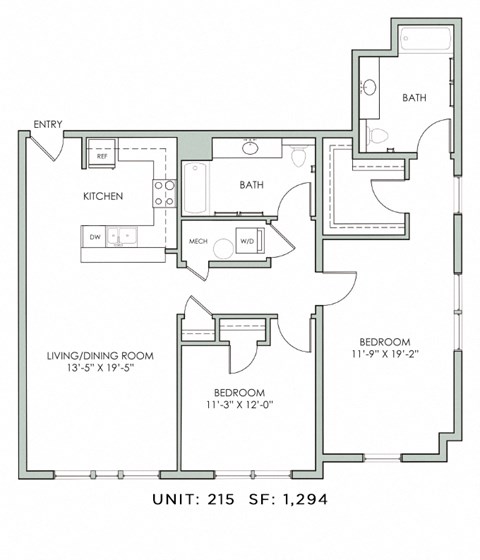 Floor plan for 2 beds, 2 baths, 1294 sqft