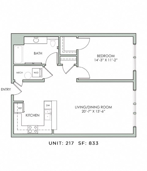 Floor plan for 1 bed, 1 bath, 833 sqft