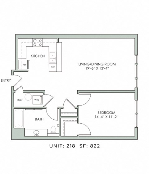 Floor plan for 1 bed, 1 bath, 822 sqft