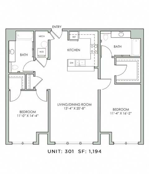 Floor plan for 2 beds, 2 baths, 1194 sqft