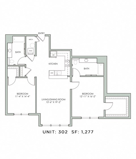 Floor plan for 2 beds, 2 baths, 1277 sqft