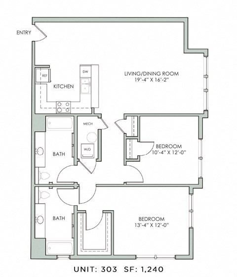 Floor plan for 2 beds, 2 baths, 1240 sqft