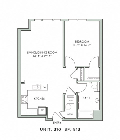 Floor plan for 1 bed, 1 bath, 813 sqft