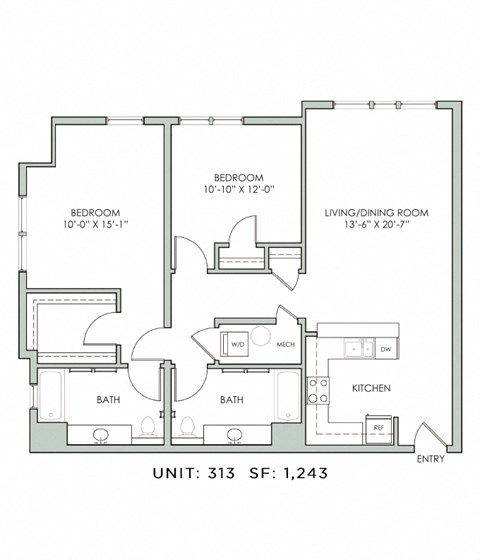Floor plan for 2 beds, 2 baths, 1243 sqft