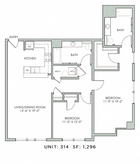 Floor plan for 2 beds, 2 baths, 1296 sqft