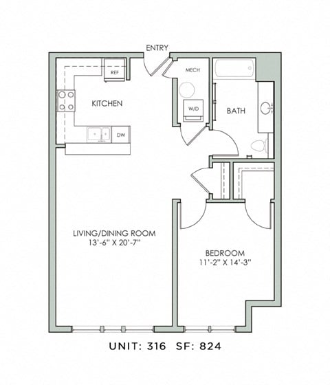 Floor plan for 1 bed, 1 bath, 828 sqft