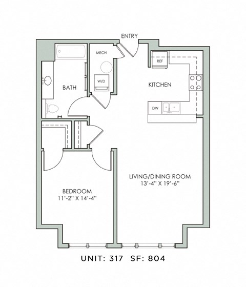 Floor plan for 1 bed, 1 bath, 804 sqft