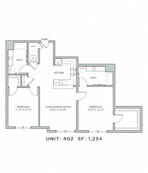 Floor plan for 2 beds, 2 baths, 1234 sqft