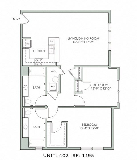 Floor plan for 2 beds, 2 baths, 1195 sqft