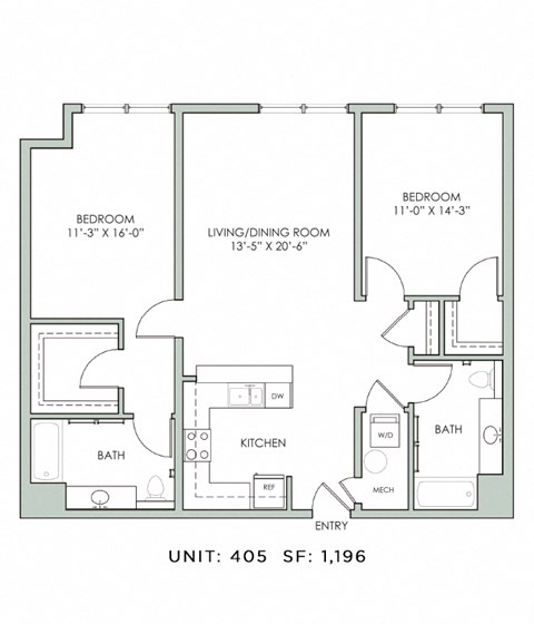 Floor plan for 2 beds, 2 baths, 1196 sqft