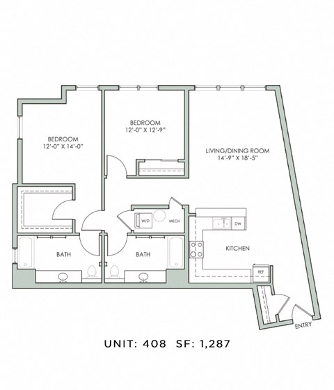 Floor plan for 2 beds, 2 baths, 1287 sqft