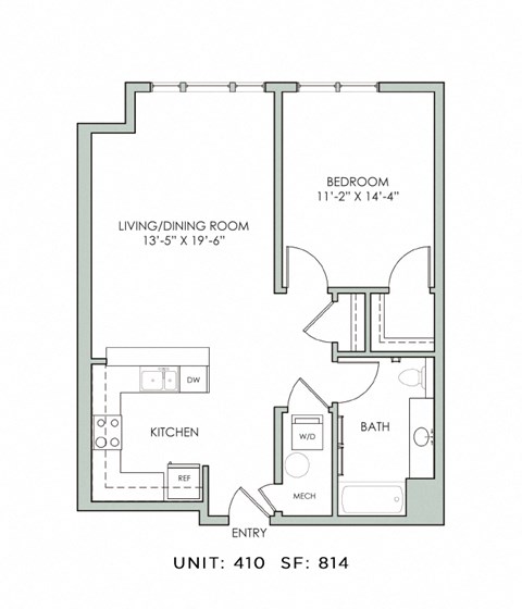 Floor plan for 1 bed, 1 bath, 814 sqft