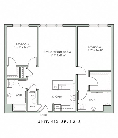 Floor plan for 2 beds, 2 baths, 1248 sqft