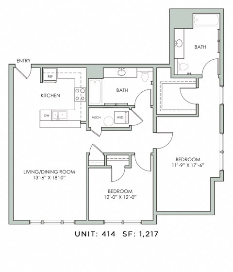 Floor plan for 2 beds, 2 baths, 1217 sqft