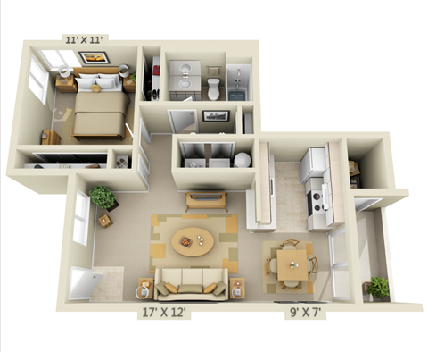 Floor plan for 1 bed, 1 bath, 719 sqft