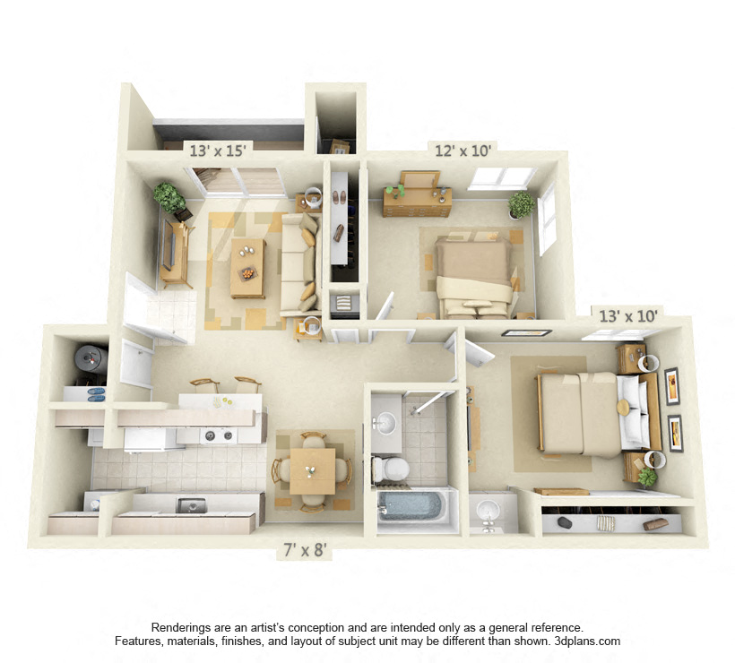 Floor plan for 2 beds, 1.3 baths, 864 sqft