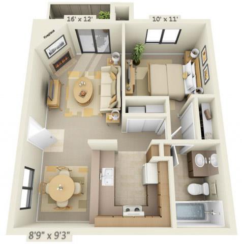 Floor plan for 1 bed, 1 bath, 634 sqft