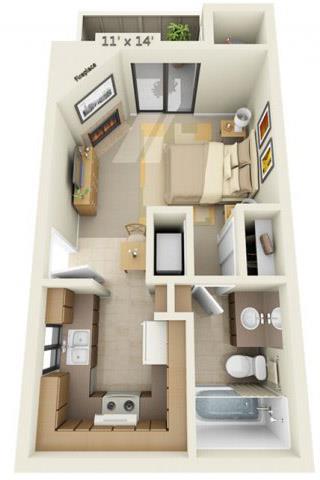 Floor plan for studio, 1 bath, 420 sqft