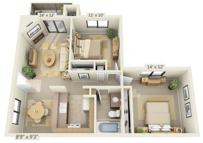 Floor plan for 2 beds, 1 bath, 834 sqft