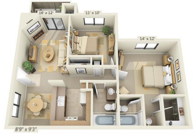 Floor plan for 2 beds, 2 baths, 932 sqft