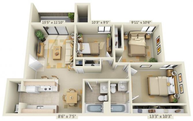 Floor plan for 3 beds, 2 baths, 1025 sqft