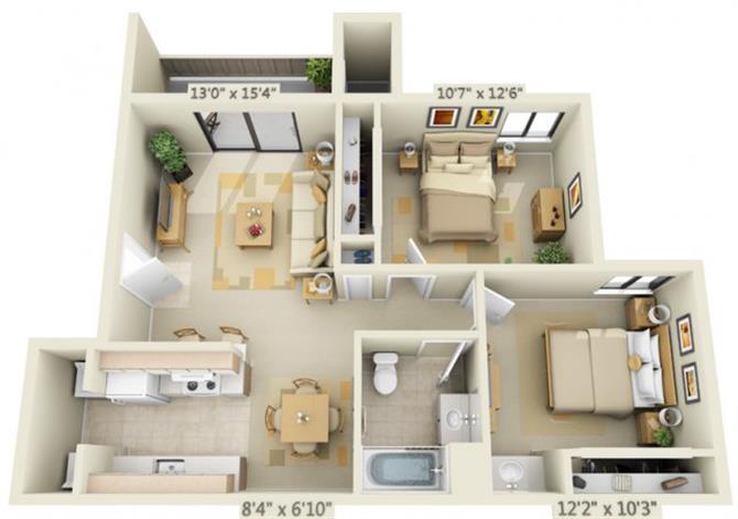 Floor plan for 2 beds, 1 bath, 852 sqft