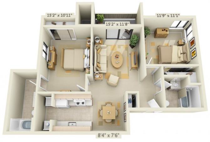 Floor plan for 2 beds, 2.5 baths, 970 sqft
