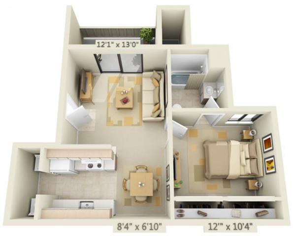 Floor plan for 1 bed, 1 bath, 625 sqft